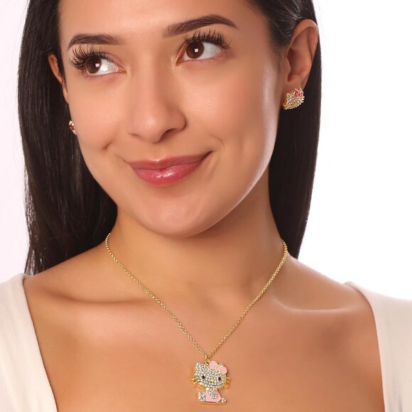 Hello Kitty Pendant Necklace Enamel Crystal 16 3-Inch Adjustable Jewelry - Picture 3 of 6